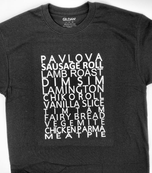 Aussie Foods Shirt, Black with white text