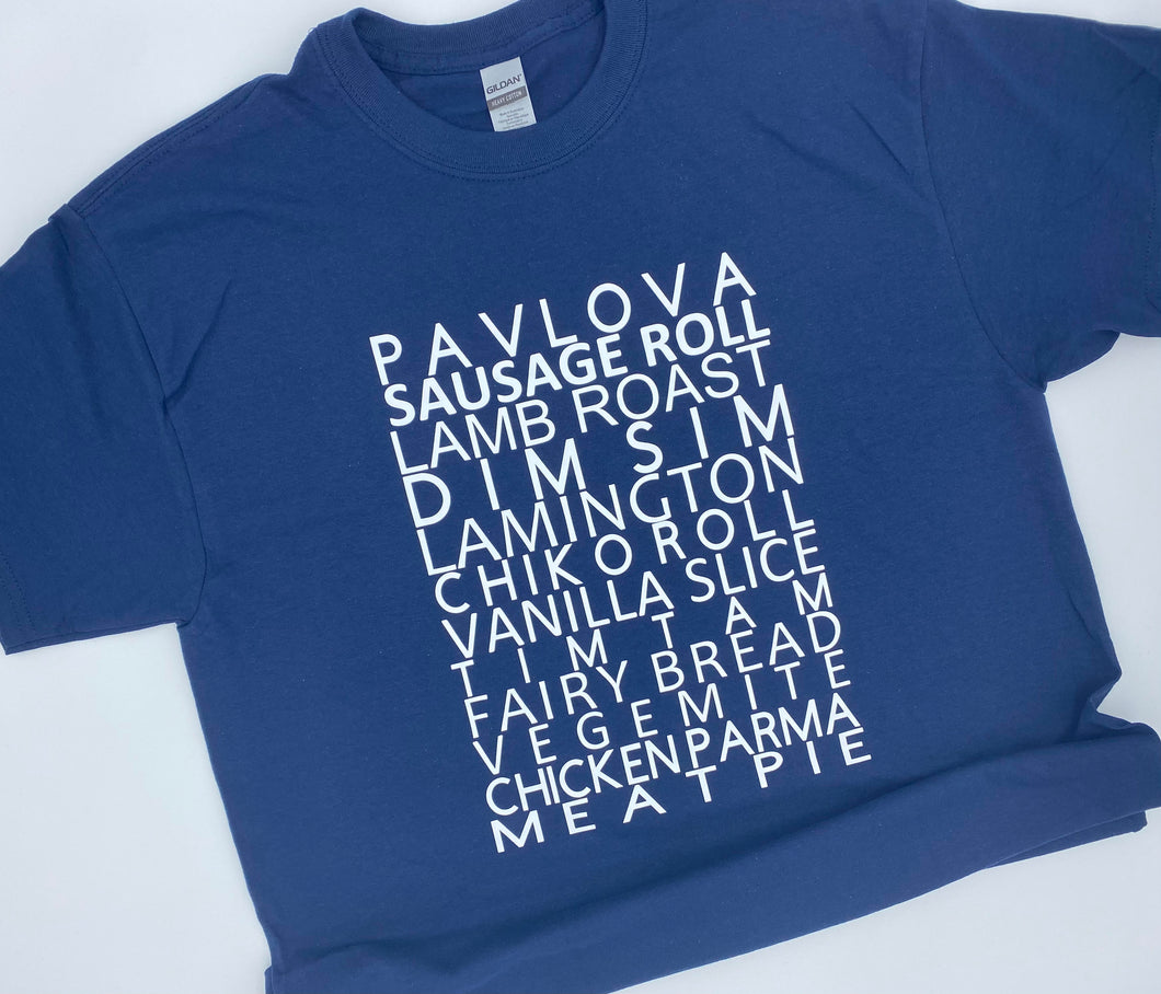 Aussie Foods Shirt- Navy with white lettering